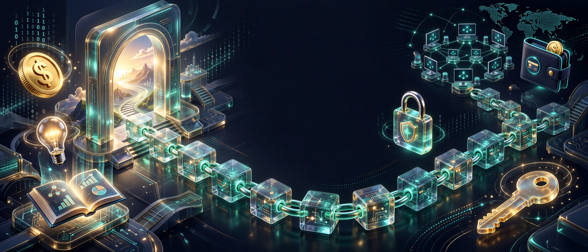 Une porte numérique s'ouvre sur une chaîne de blocs lumineux : les premiers pas dans la blockchain