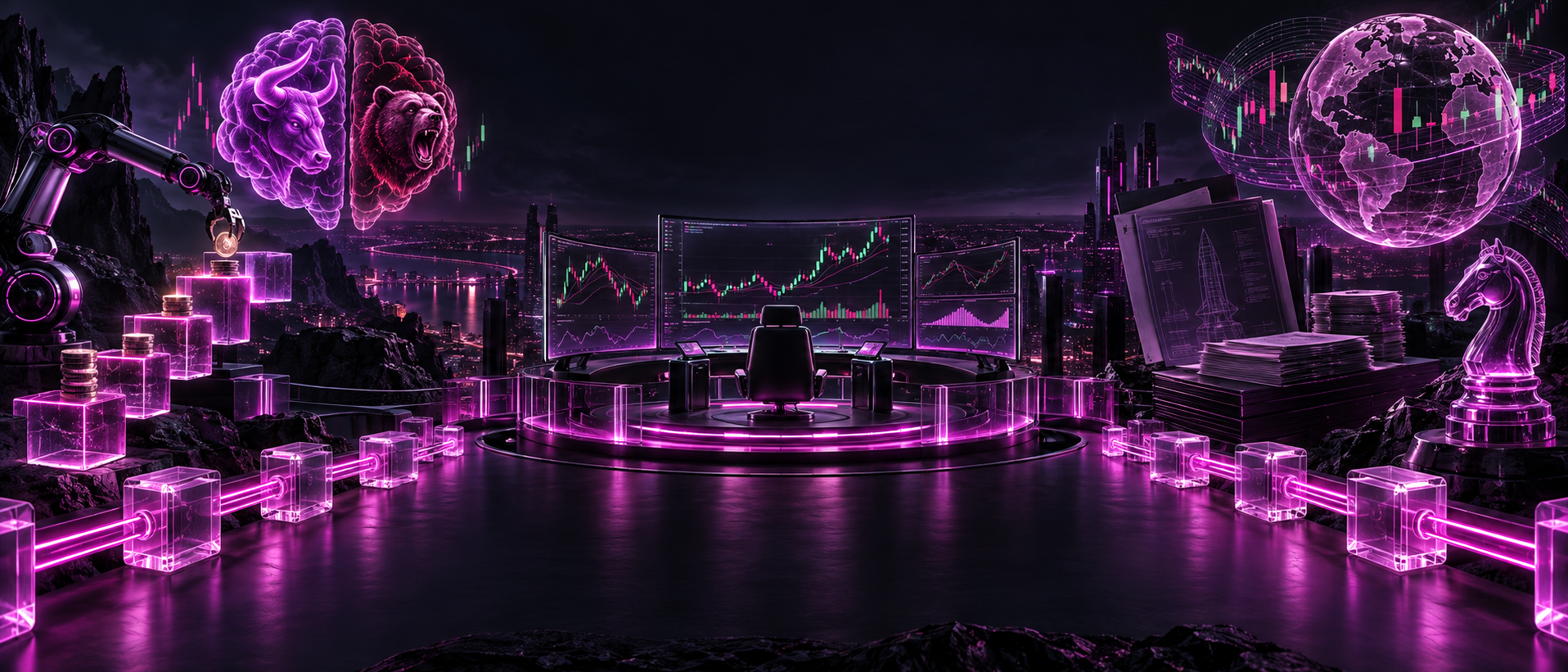 Une salle de contrôle de trading alimentée par une blockchain : graphiques, bot de DCA, psychologie du marché, livres blancs et stratégie