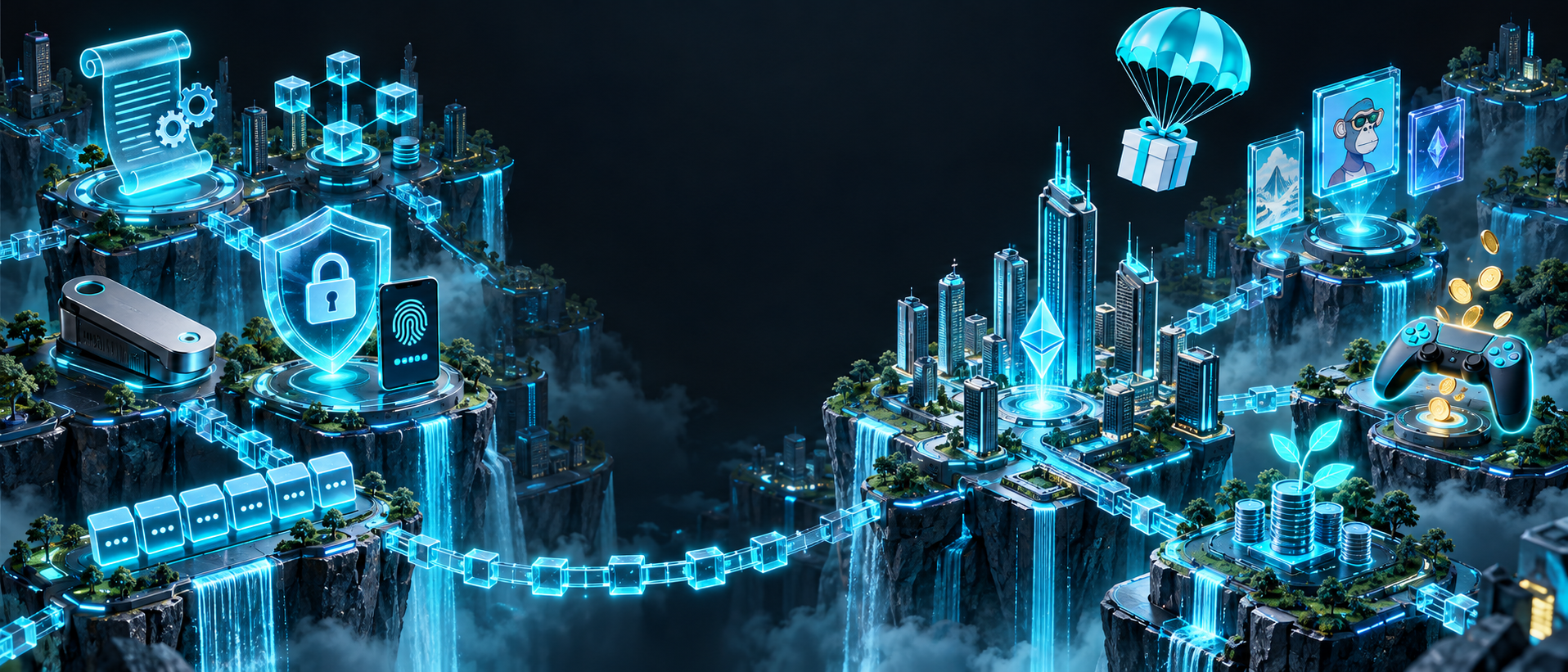 Une ville numérique connectée bâtie sur une blockchain : smart contracts, DeFi, wallets, sécurité, staking, NFT et Play-to-Earn